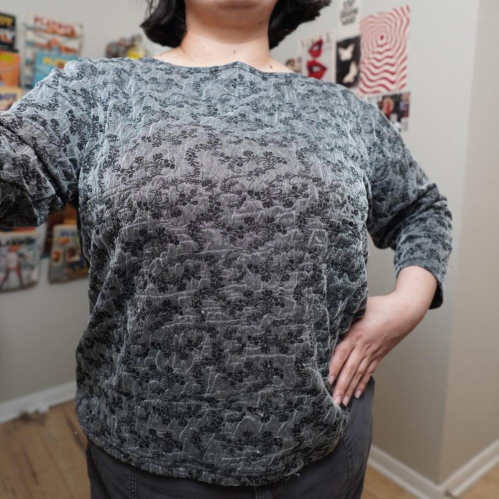 Gray Floral Jacquard Textured Long Sleeve Top Dark Academia Plus Size 3X